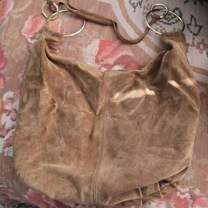 Brown Suede Shoulder Bag with Gold Rings
